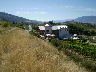 Looking down at the north side of Hillside Estate Winery and Barrel Room bistro, Kettle Valley Railway Penticton to Naramata, 2011-08.